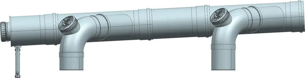Rohrsystem mit gewinkelten Anschlüssen und Durchmesser, hergestellt von Bosch, zur Anwendung in Abgasinstallationen.